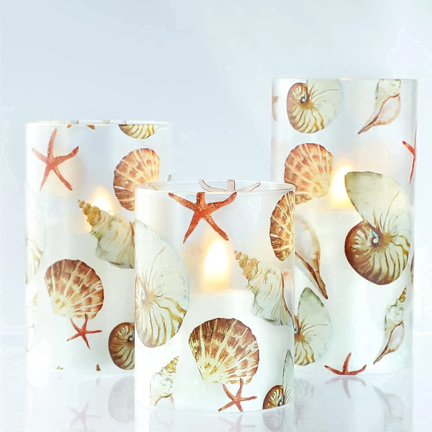 Silverstro Shell Flameless Candles Remote: Blinks Real Wax Glass Battery Operated Candles - Home Party Wedding Room Christmas Ocean Nautical Summer Decor - Set of 3