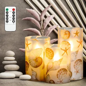 Silverstro Shell Flameless Candles Remote: Blinks Real Wax Glass Battery Operated Candles - Home Party Wedding Room Christmas Ocean Nautical Summer Decor - Set of 3