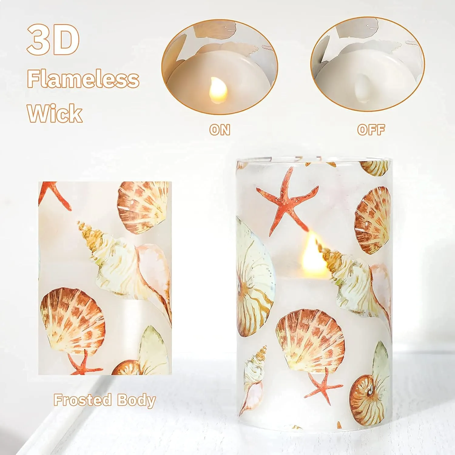 Silverstro Shell Flameless Candles Remote: Blinks Real Wax Glass Battery Operated Candles - Home Party Wedding Room Christmas Ocean Nautical Summer Decor - Set of 3