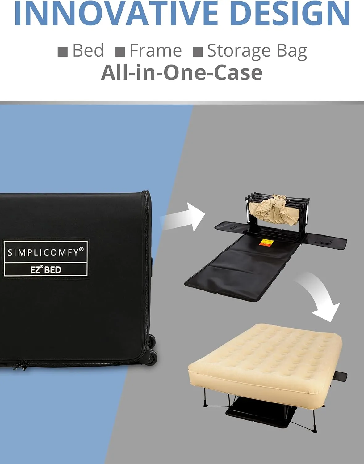 Simpli Comfy Queen EZ Bed Self-Inflating Air Mattress with Built-in Frame, Pump and Wheeled Case, Blow Up Inflatable Rolling Air Bed on Wheels