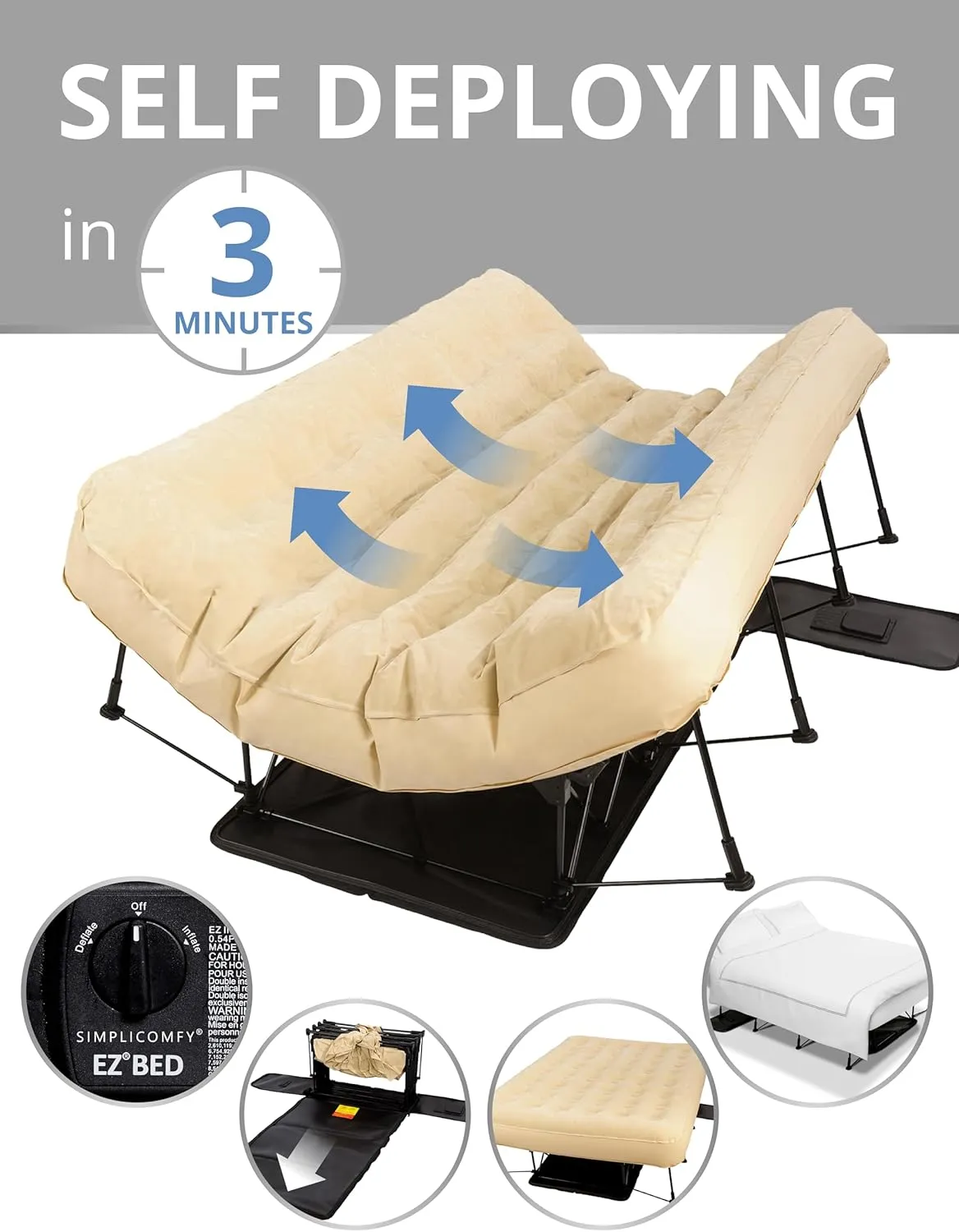 Simpli Comfy Queen EZ Bed Self-Inflating Air Mattress with Built-in Frame, Pump and Wheeled Case, Blow Up Inflatable Rolling Air Bed on Wheels