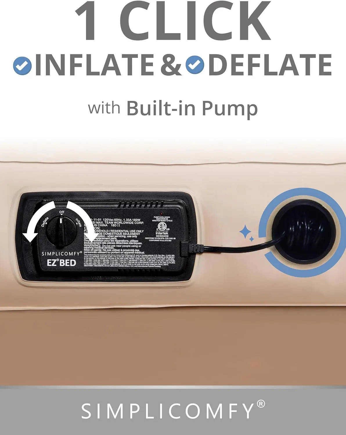 Simpli Comfy Queen EZ Bed Self-Inflating Air Mattress with Built-in Frame, Pump and Wheeled Case, Blow Up Inflatable Rolling Air Bed on Wheels