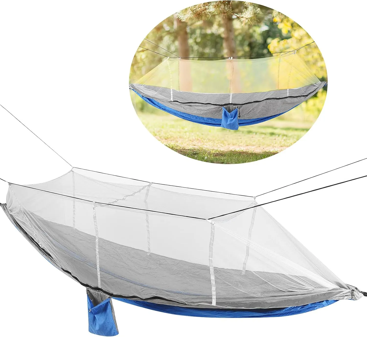 Single Double Camping Hammock with Mosquito Net Portable Lightweight Tree Straps Hammock Camping Hammocks for Adults Outdoor Hammock Camping Gear Portable (Royal Blue and Gray with Gray mesh)