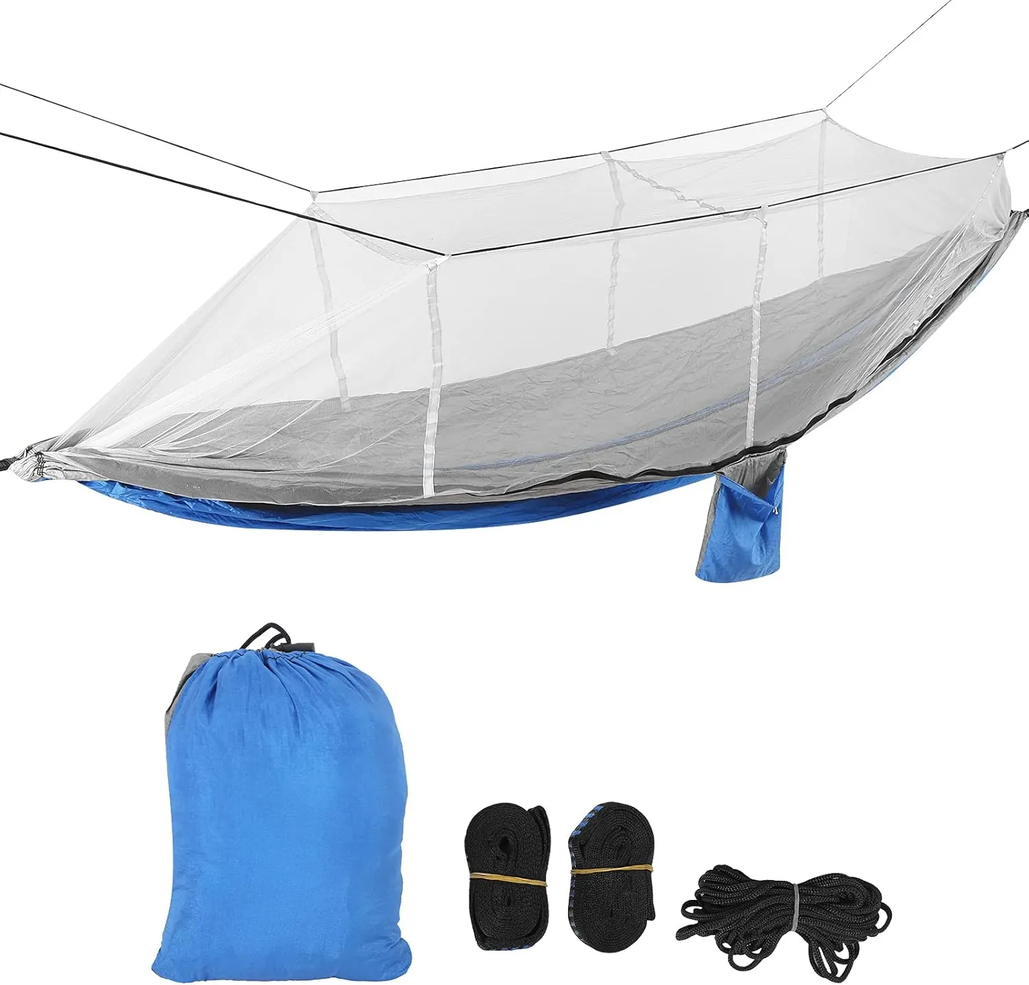 Single Double Camping Hammock with Mosquito Net Portable Lightweight Tree Straps Hammock Camping Hammocks for Adults Outdoor Hammock Camping Gear Portable (Royal Blue and Gray with Gray mesh)