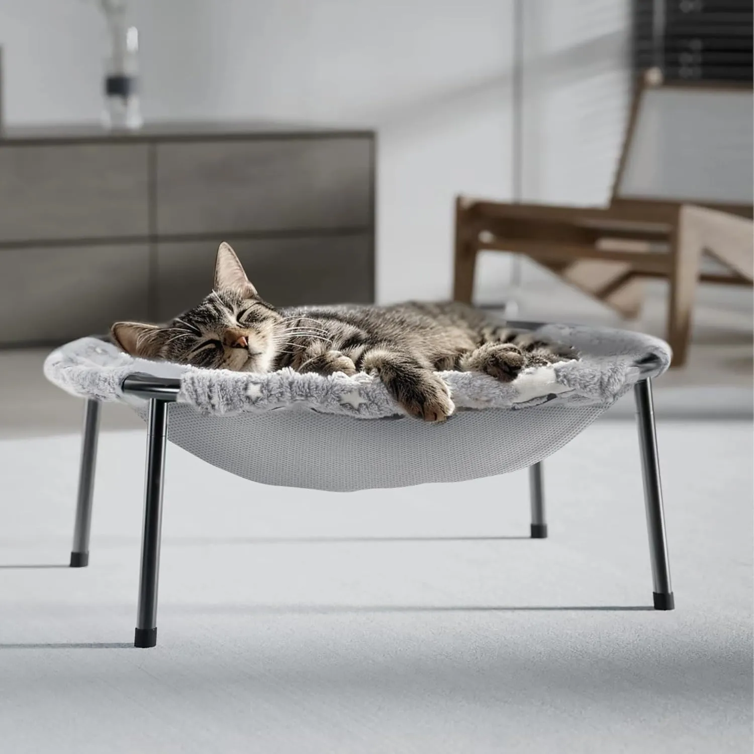 Sink in Elevated Cat Bed Hammock with Dual Sided Cover Glow in The Dark Fabric All Season Use Machine Washable Tool Free Easy Assembly for Indoor Outdoor Cats
