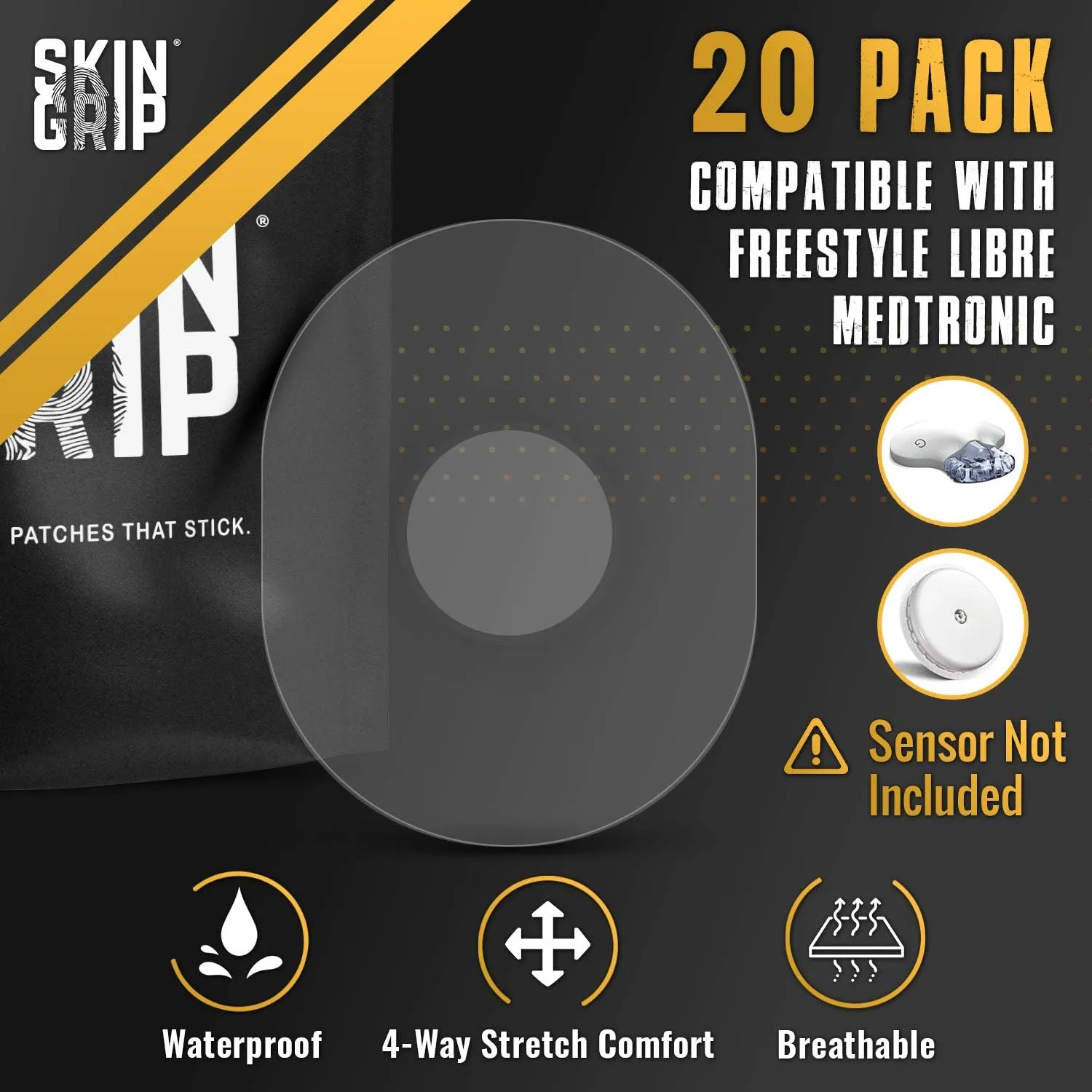 Skin Grip CGM Sensor Patches Compatible with Medtronic Guardian (20-Pack), Waterproof & Sweatproof for 10-14 Days, Pre-Cut Adhesive Tape, Continuous Glucose Monitor Patch, Clear