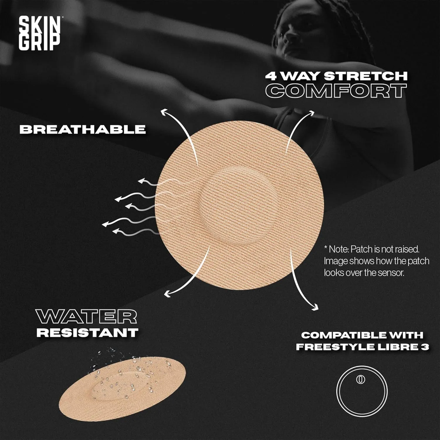 Skin Grip Freestyle Libre 3 Sensor Covers- Waterproof & Sweatproof Adhesive Patches for 10-15 Days (Not for Libre2), Pre-Cut Continuous Glucose Monitor Diabetic Sensors Cover - 20 Pack, Tan
