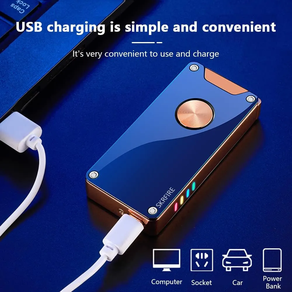 SKRFIRE Double Arc Plasma Lighter Rechargeable Windproof Flameless Electric Lighter Vintage Custom Lighter Portable Hitter Lighter with Nice Box for Men Parent Festivals (Blue)