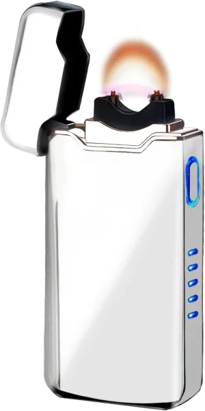 SKRFIRE Electric Lighter - Windproof, Plasma-Flame Arc Lighter, Rechargeable USB, Battery Indicator (Silver)