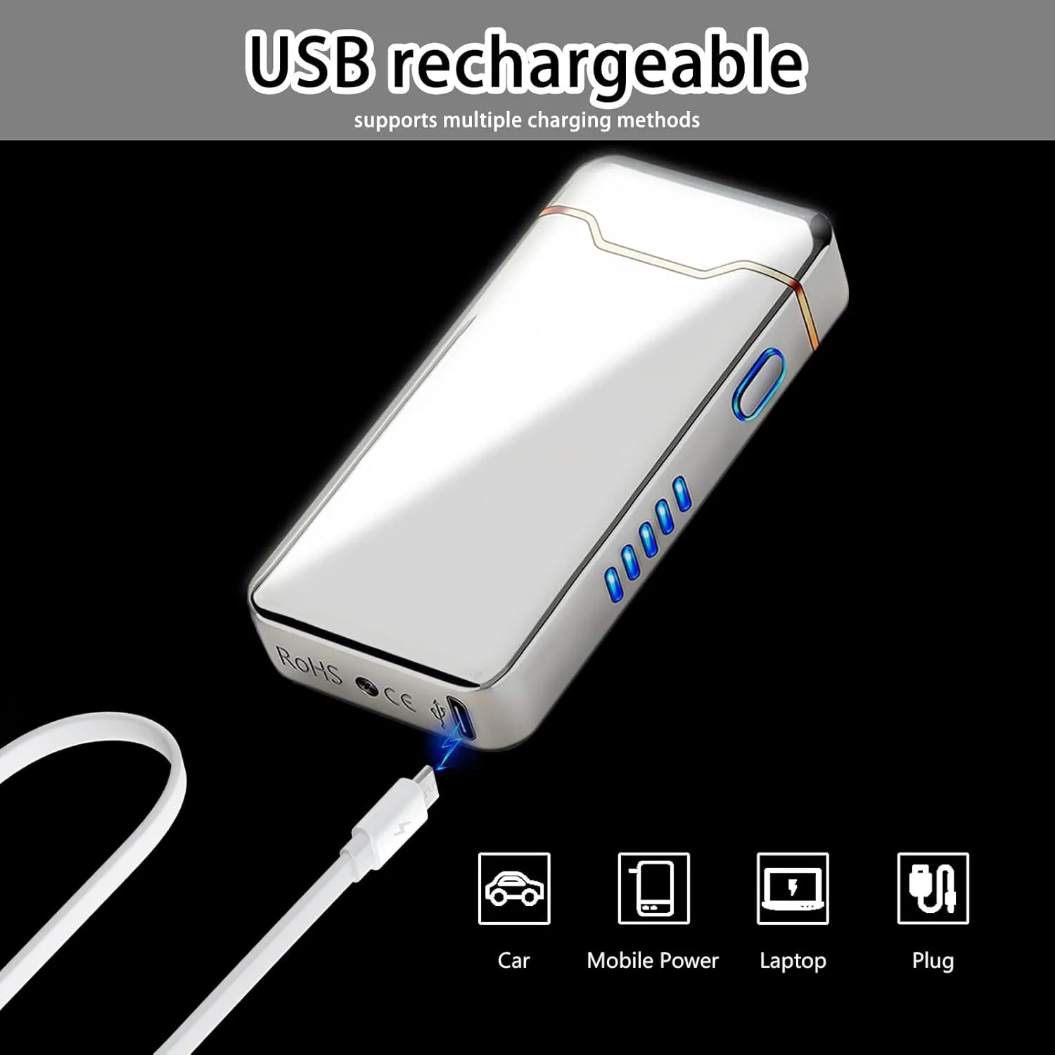 SKRFIRE Electric Lighter - Windproof, Plasma-Flame Arc Lighter, Rechargeable USB, Battery Indicator (Silver)