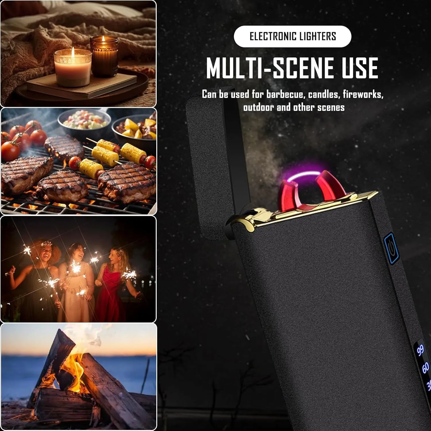 SKRFIRE Flameless Arc Lighter – USB Rechargeable, Windproof Plasma Electric Torch with Multi-Mode Flashlight & Power Display, Best for Outdoor Camping, Tactical & Emergency Use（Matte Black）