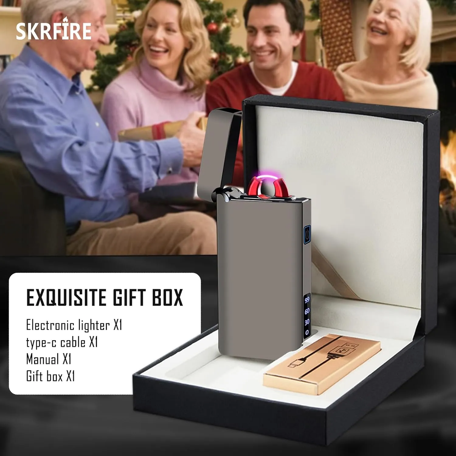 SKRFIRE Multi-Mode Arc Lighter – Electric Windproof Plasma, USB Rechargeable Lighter with Digital Battery Indicator, Perfect for Adventure, Fire-Starting & Everyday Carry （Feathered Black）