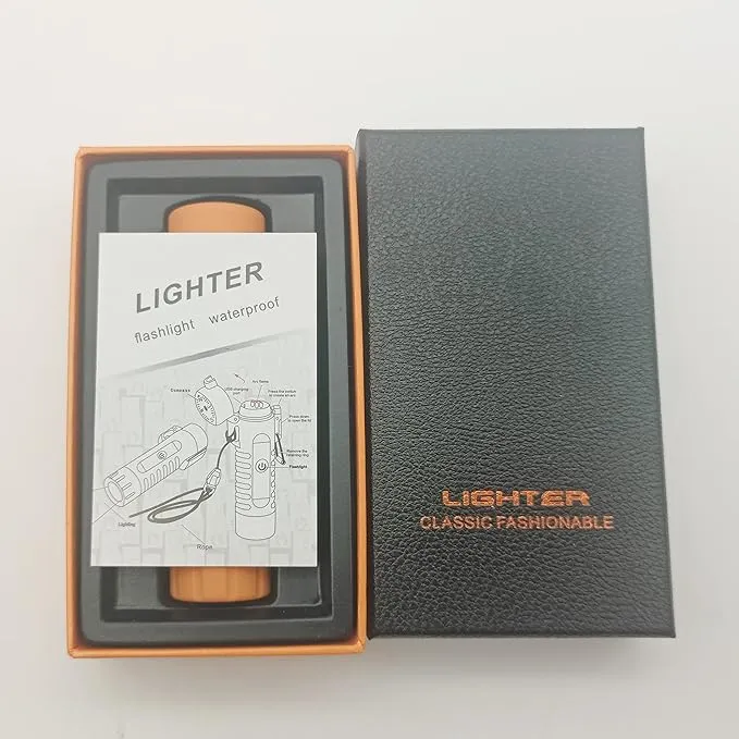 SKRFIRE Waterproof Windproof Outdoor Lighter USB Rechargeable Double Arc Plasma Electric Lighter with Flashlight Compass for Lighting, Camping, Survival, Tactical (Orange)