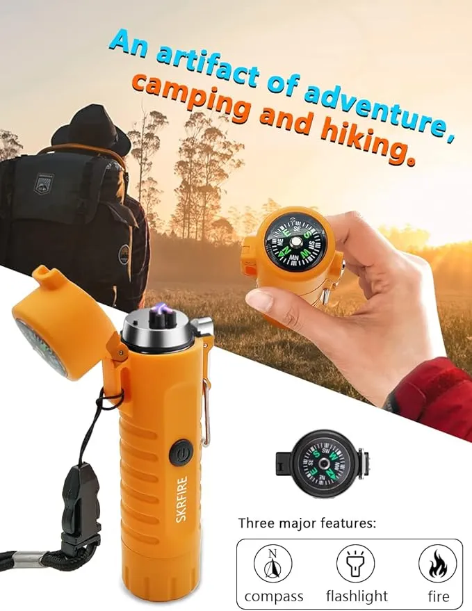 SKRFIRE Waterproof Windproof Outdoor Lighter USB Rechargeable Double Arc Plasma Electric Lighter with Flashlight Compass for Lighting, Camping, Survival, Tactical (Orange)