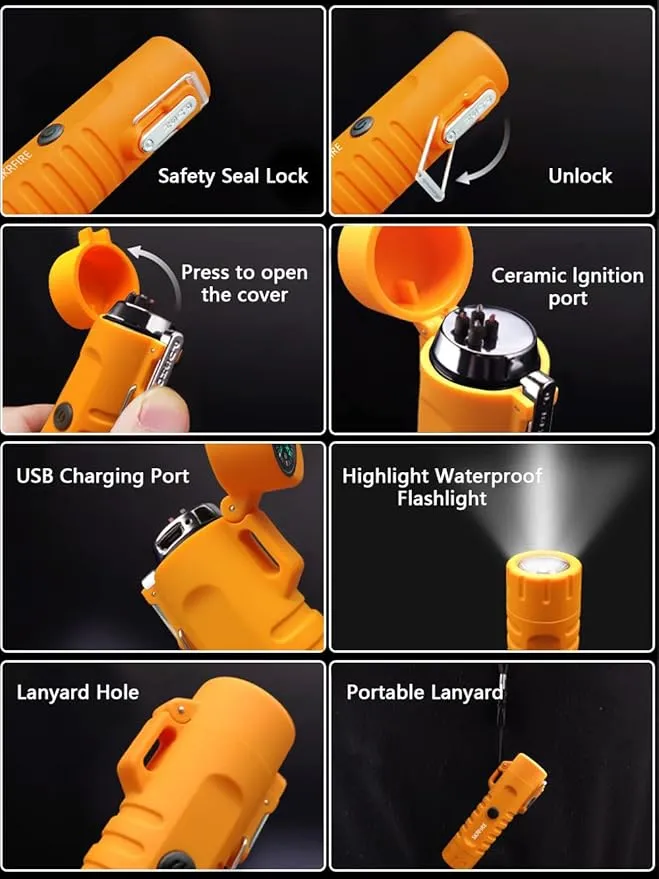 SKRFIRE Waterproof Windproof Outdoor Lighter USB Rechargeable Double Arc Plasma Electric Lighter with Flashlight Compass for Lighting, Camping, Survival, Tactical (Orange)