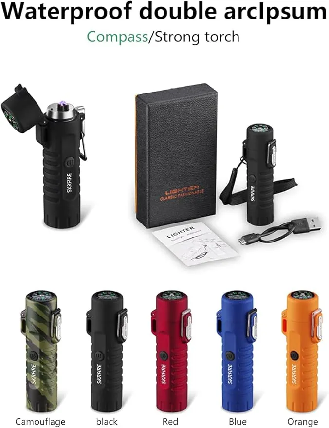 SKRFIRE Waterproof Windproof Outdoor Lighter USB Rechargeable Double Arc Plasma Electric Lighter with Flashlight Compass for Lighting, Camping, Survival, Tactical (Orange)