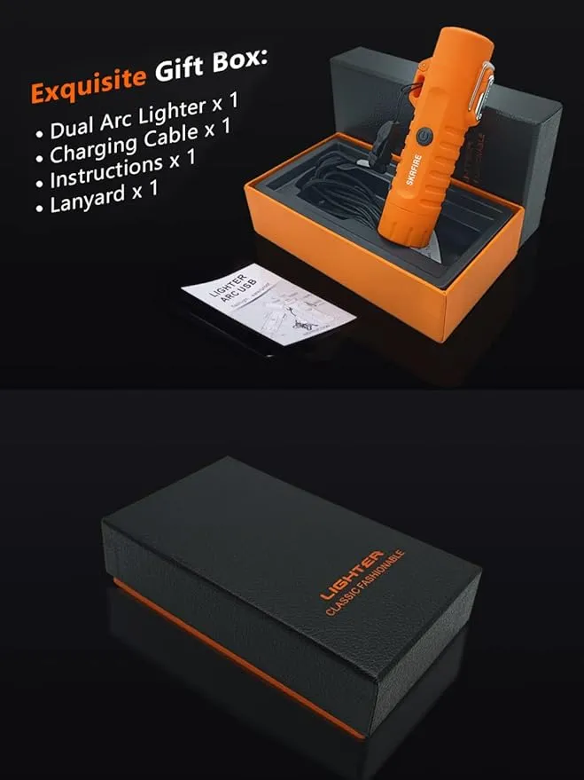 SKRFIRE Waterproof Windproof Outdoor Lighter USB Rechargeable Double Arc Plasma Electric Lighter with Flashlight Compass for Lighting, Camping, Survival, Tactical (Orange)
