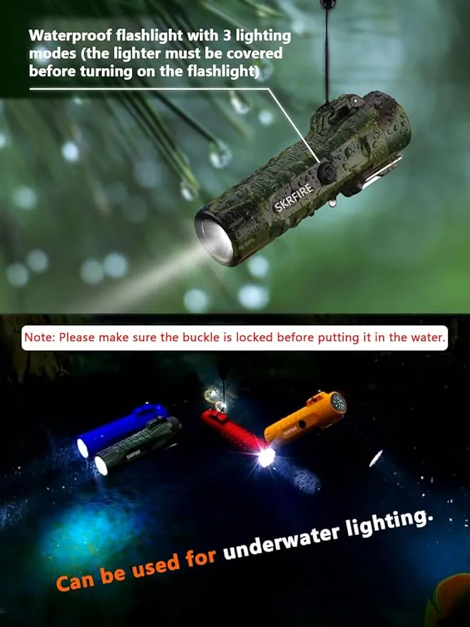 SKRFIRE Waterproof Windproof Outdoor Lighter USB Rechargeable Double Arc Plasma Electric Lighter with Flashlight Compass for Lighting, Camping, Survival, Tactical (Orange)