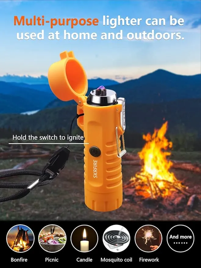 SKRFIRE Waterproof Windproof Outdoor Lighter USB Rechargeable Double Arc Plasma Electric Lighter with Flashlight Compass for Lighting, Camping, Survival, Tactical (Orange)