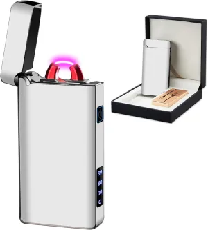 SKRFIRE Windproof Electric Lighter Rechargeable – Plasma Arc Design, USB Charging, Multi-Mode Flashlight & Digital Battery Indicator, Essential for Survival, Hiking & BBQ (Feathered Silver)