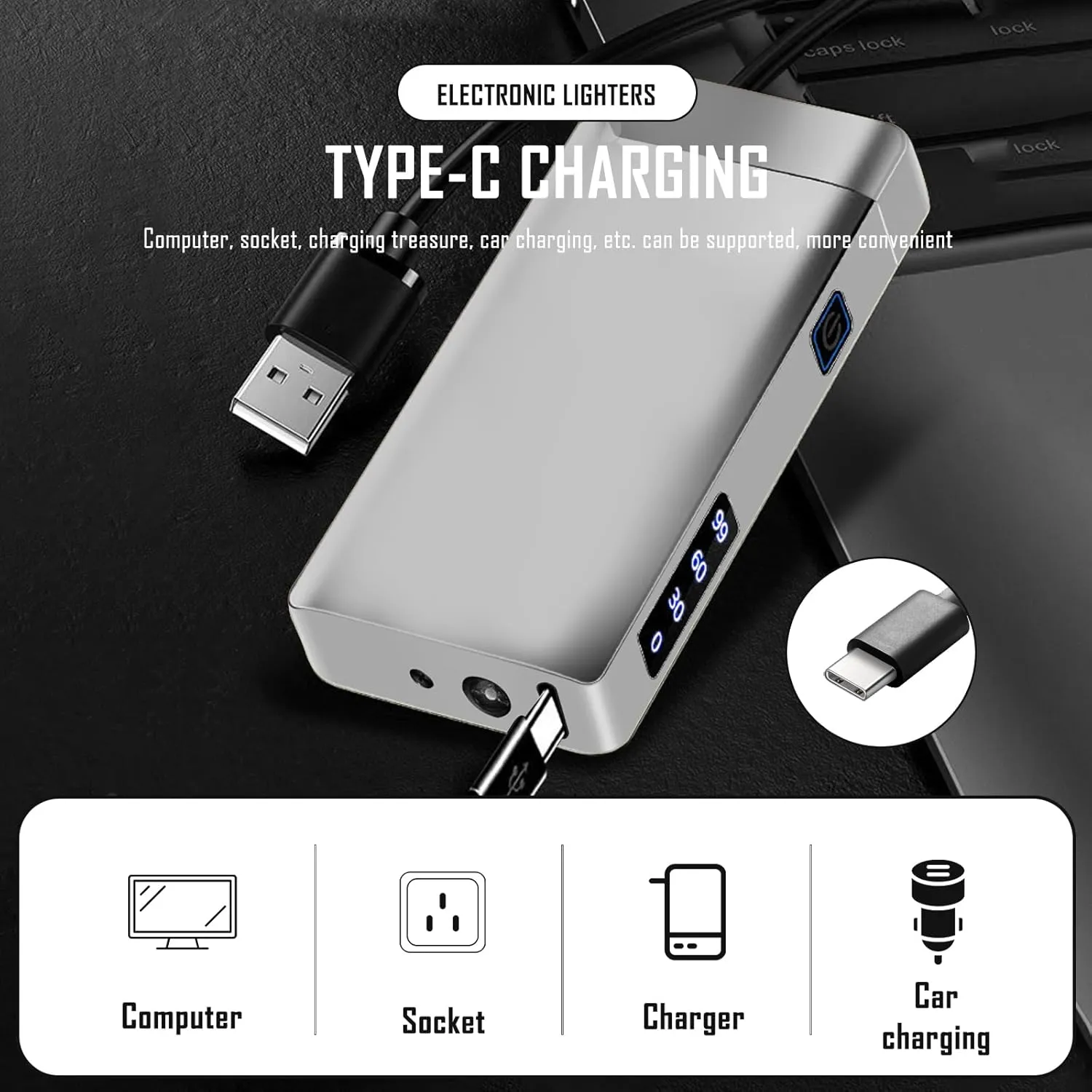 SKRFIRE Windproof Electric Lighter Rechargeable – Plasma Arc Design, USB Charging, Multi-Mode Flashlight & Digital Battery Indicator, Essential for Survival, Hiking & BBQ (Feathered Silver)