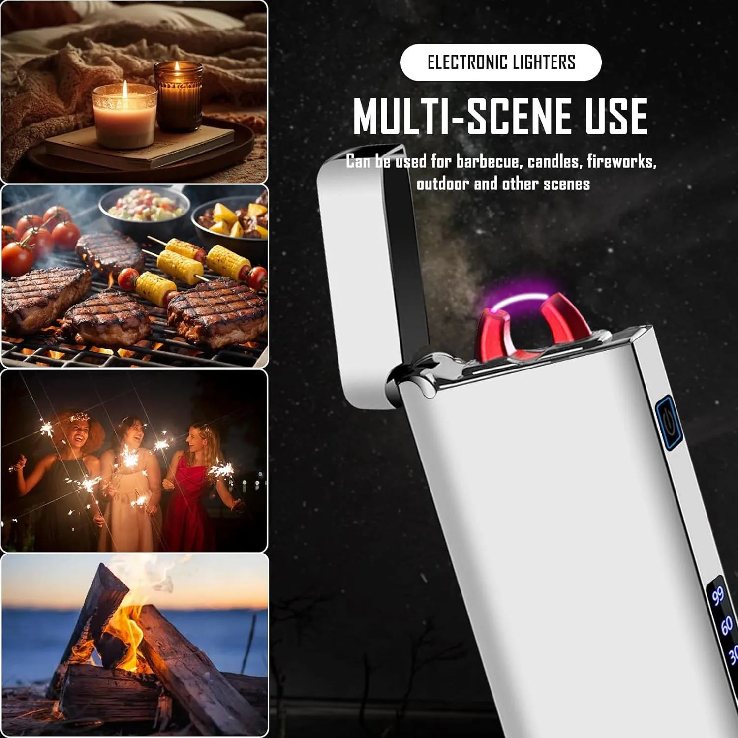 SKRFIRE Windproof Electric Lighter Rechargeable – Plasma Arc Design, USB Charging, Multi-Mode Flashlight & Digital Battery Indicator, Essential for Survival, Hiking & BBQ (Feathered Silver)