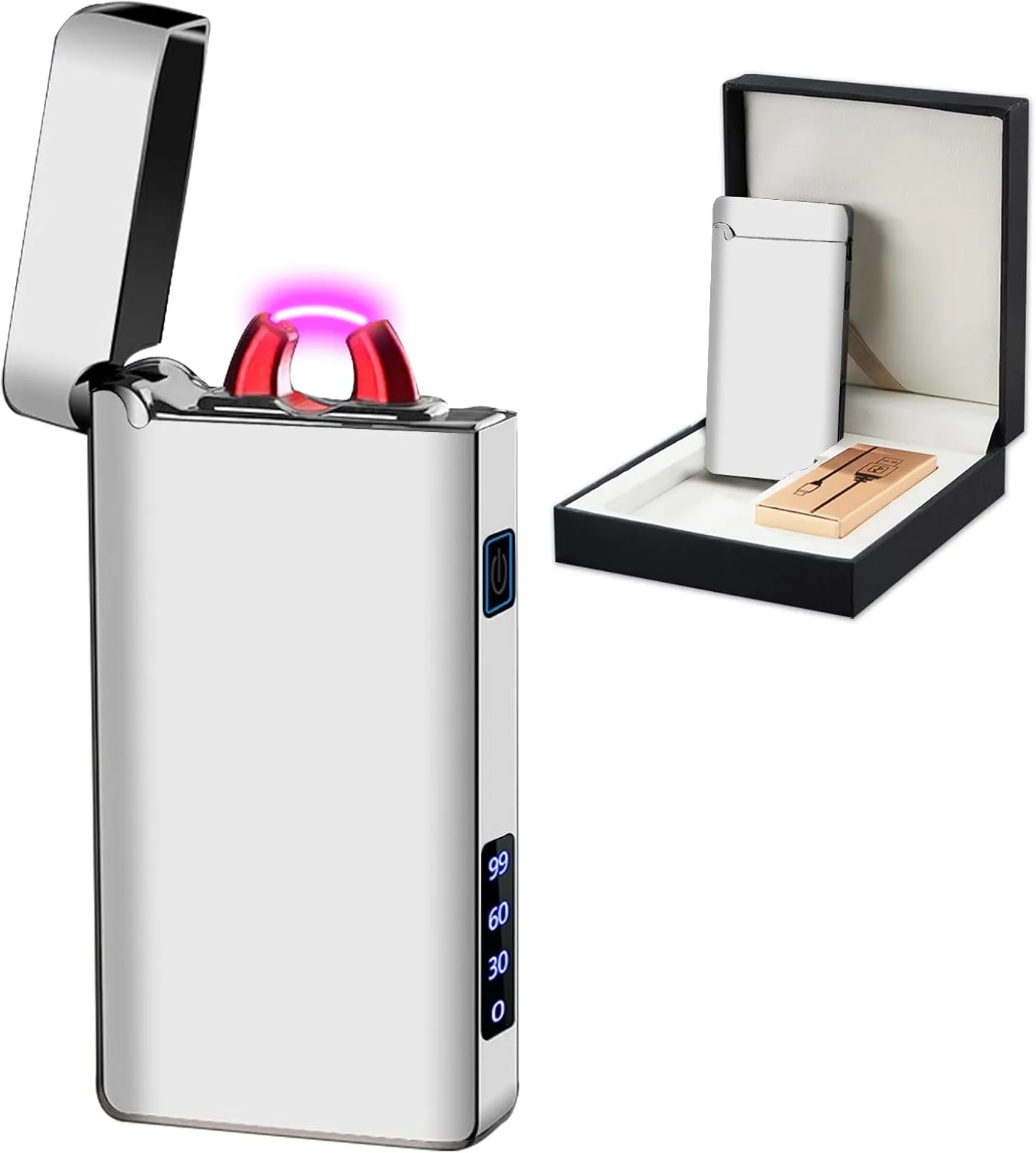 SKRFIRE Windproof Electric Lighter Rechargeable – Plasma Arc Design, USB Charging, Multi-Mode Flashlight & Digital Battery Indicator, Essential for Survival, Hiking & BBQ (Feathered Silver)