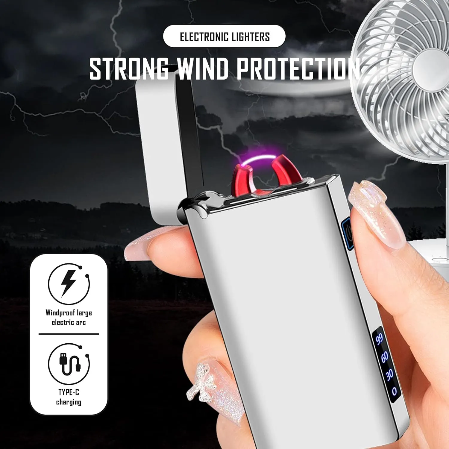 SKRFIRE Windproof Electric Lighter Rechargeable – Plasma Arc Design, USB Charging, Multi-Mode Flashlight & Digital Battery Indicator, Essential for Survival, Hiking & BBQ (Feathered Silver)