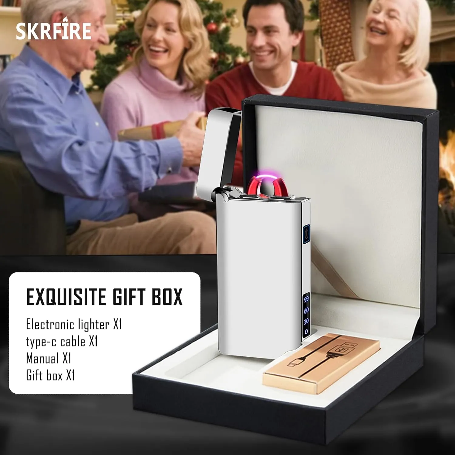 SKRFIRE Windproof Electric Lighter Rechargeable – Plasma Arc Design, USB Charging, Multi-Mode Flashlight & Digital Battery Indicator, Essential for Survival, Hiking & BBQ (Feathered Silver)