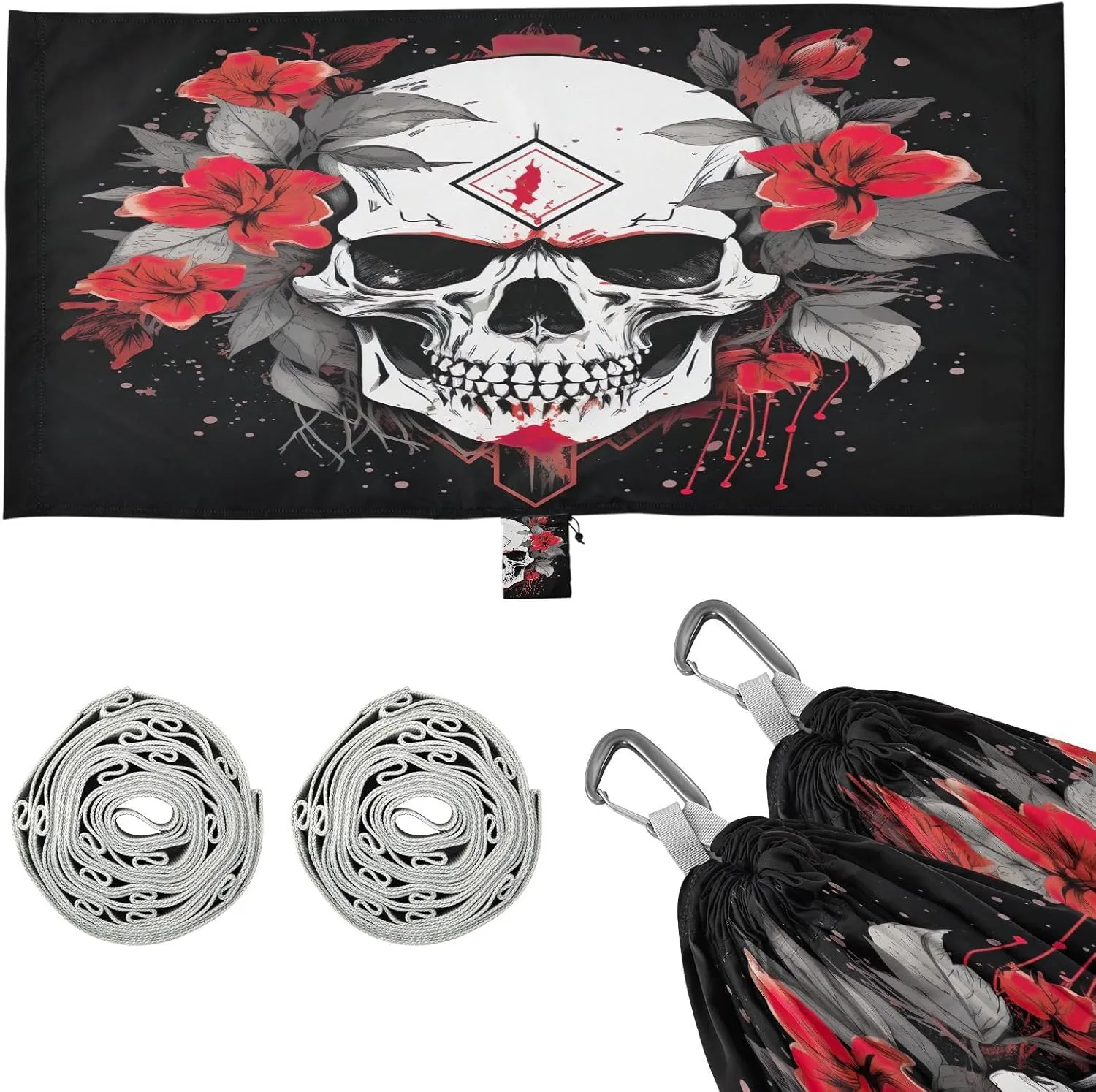 Skull Flower Camping Hammock, Single Portable Hammocks with Tree Straps & Attached Carry Bag, 330Lbs Capacity Perfect for Outside Indoor Hiking Beach Backpack Travel