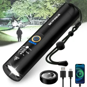 SKYFIRE LED Rechargeable Flashlight with Ignition Lens,20000.00 lm Super Bright Tactical Flashlights High Lumens,Five Modes,Camping Flash Light for Outdoor,Emergency-Black