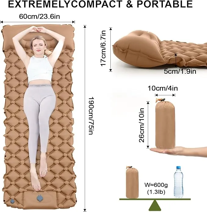 Sleeping Pad for Camping - Inflatable Camping Mat, Ultralight Air Mattress,Built-in Foot Pump Backpacking Sleeping Pad,Compact Sleeping Mats for Camping、Hiking、Traveling (Tawny)