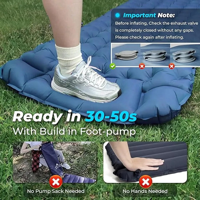 Sleeping Pad for Camping, Ultralight Inflatable Camping Mattress with Adjustable Pillow, Compact Sleeping Mat with Built-in Foot Pump, 4in Thick Comfort Air Mattress for Camping, Hiking-Blue