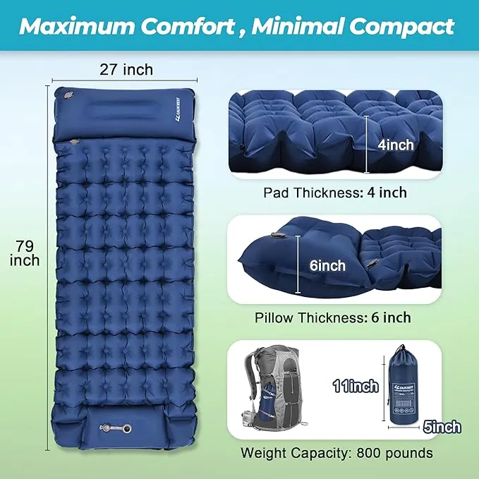 Sleeping Pad for Camping, Ultralight Inflatable Camping Mattress with Adjustable Pillow, Compact Sleeping Mat with Built-in Foot Pump, 4in Thick Comfort Air Mattress for Camping, Hiking-Blue