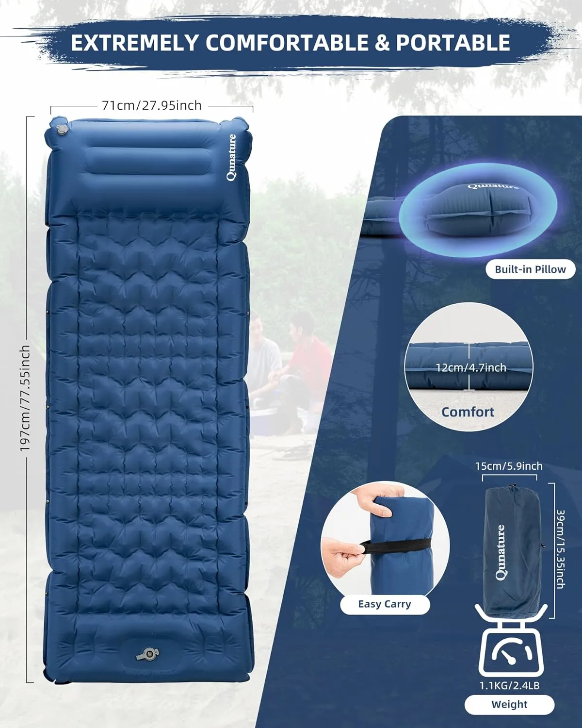 Sleeping Pad for Outdoor Camping Mattress Ultra-Light Inflatable Camping Bed with Built-in Pillow - Air Pad, Carry Bag - Compact & Lightweight Camping Gear Essentials