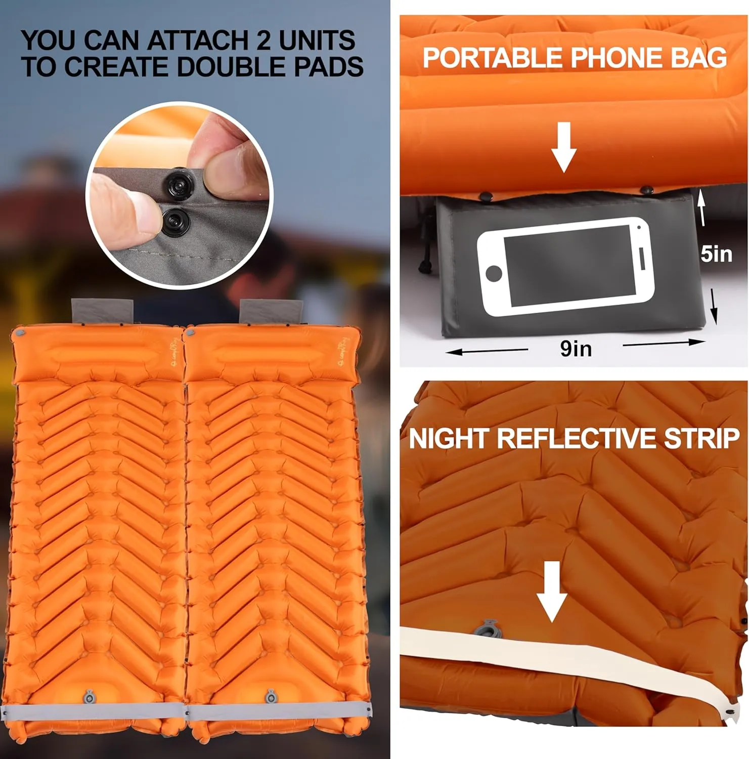 Sleeping Pad with Pillow, Self Inflating Extra-Thick, Ultralight Sleeping Mat, Built-in Pump, Ultimate for Camping, Hiking, Traveling, Airpad, Carry Bag, Compact & Lightweight Air Mattress (Orange)