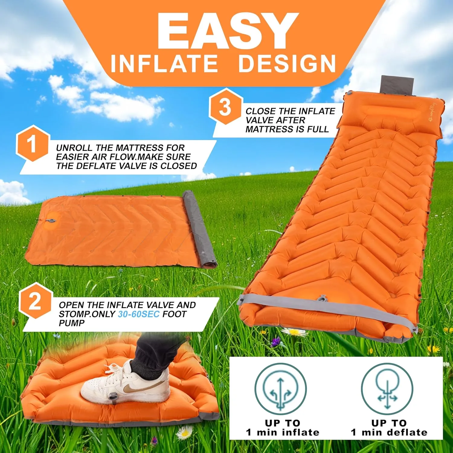 Sleeping Pad with Pillow, Self Inflating Extra-Thick, Ultralight Sleeping Mat, Built-in Pump, Ultimate for Camping, Hiking, Traveling, Airpad, Carry Bag, Compact & Lightweight Air Mattress (Orange)