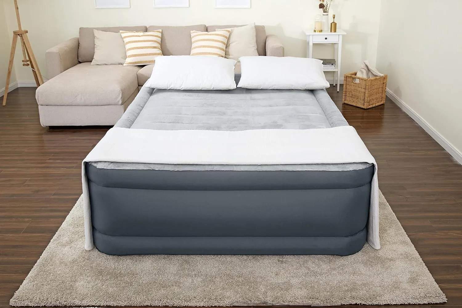 SleepLux Queen Air Mattress | Supersoft Snugable Top, Extra Durable Tough Guard with Built-in Pillow | Raised 22" Airbed with Built in Pump   USB Charger, Grey (69093E)