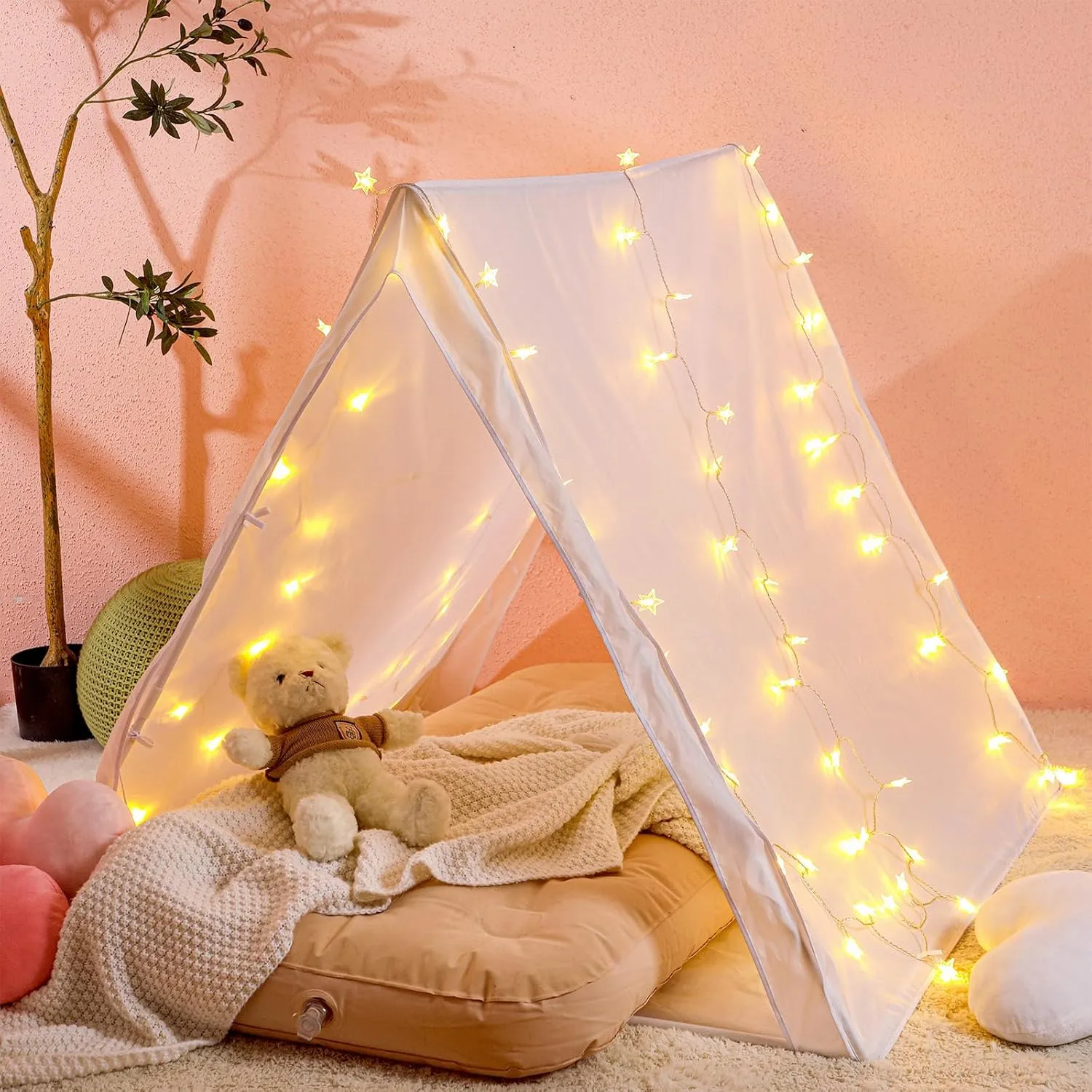 Sleepover Tent Set Includes 1 Teepee Tent,1 Inflatable Airbed,1 Pack Star String Lights,Travel Bed Inflatable Indoor Outdoor