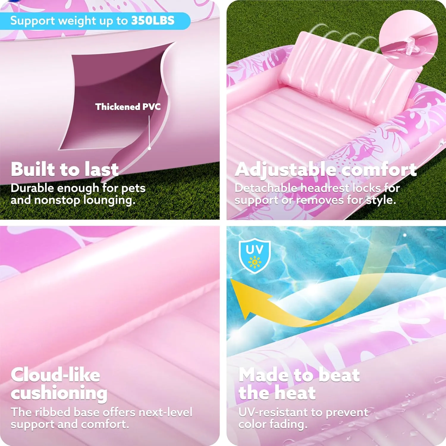SLOOSH Inflatable Tanning Pool Lounger Float, 85" x 57" Extra Large Pool Floats Adult with Pillow, 4 in 1 Suntan Tub Raft Floatie,Sunbathing Bed Lounge for Water Blow Up Ball Pit, XL-Blushing Pink