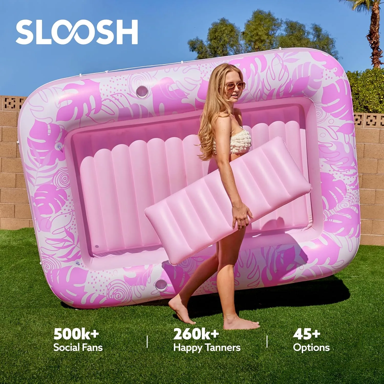 SLOOSH Inflatable Tanning Pool Lounger Float, 85" x 57" Extra Large Pool Floats Adult with Pillow, 4 in 1 Suntan Tub Raft Floatie,Sunbathing Bed Lounge for Water Blow Up Ball Pit, XL-Blushing Pink