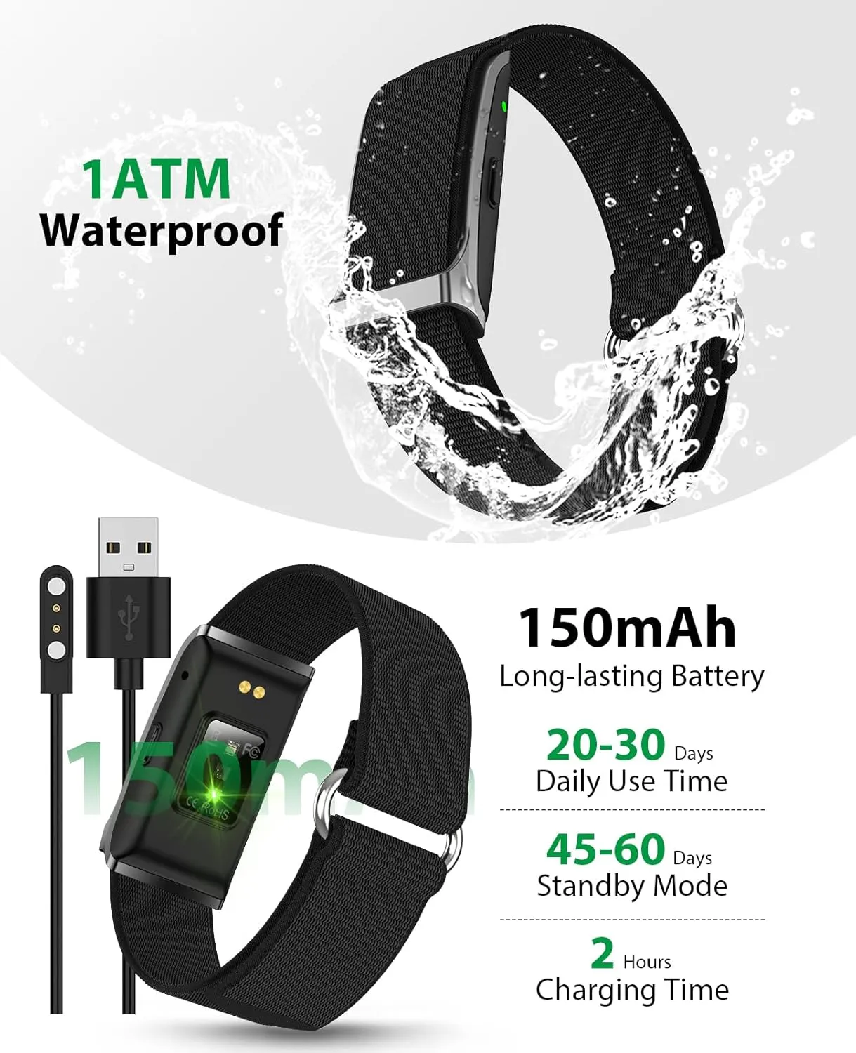 Smart Bracelet, Wearable Activity & Fitness Tracker Band, 24H Sleep Tracker, All-Day Continuous Heart Rate Blood Pressure Stress HRV Monitor, 120  Sport Modes Smart Wristband with Free APP 2 Bands