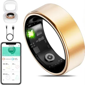 Smart Ring Fitness Tracker for iOS & Android – Sleep Monitor Heart Rate Blood Oxygen & Pressure 8 Sports Modes IP68 Waterproof NO Subscription Long Battery Life (Champagne Gold, 11#(20.57mm/0.81in))