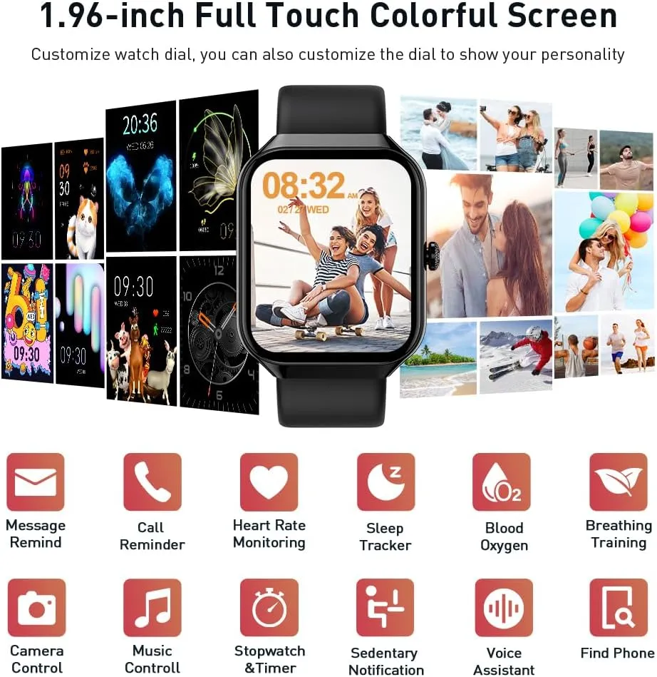 Smart Watch(Answer/Make Call), 1.96" HD Smartwatch for Men Women, 2025 Fitness Activity Tracker with 110  Sport Modes/Heart Rate/Sleep Monitor/Pedometer, IP68 Waterproof Fitness Watch for Android iOS