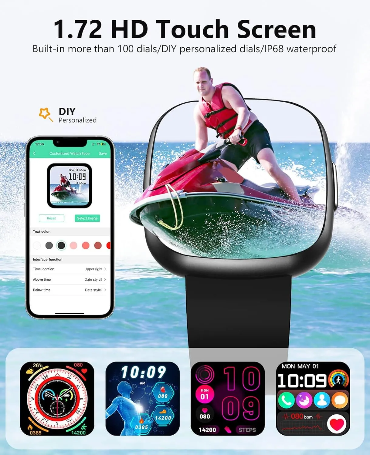 Smart Watches, 1.72" Smartwatch for Men Women (Answer/Make Call), Fitness Tracker with 100  Sport Modes, IP68 Waterproof, Heart Rate/Sleep/Spo2 Monitor, Activity Tracker for Android iOS