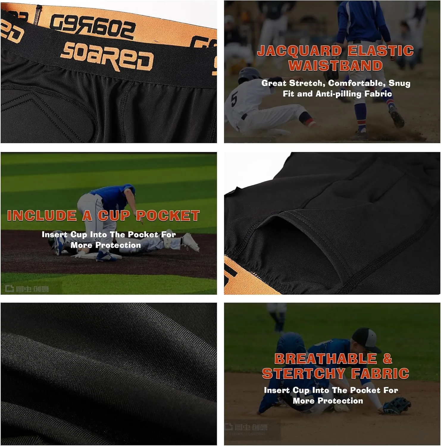 Soared Youth Baseball Sliding Shorts, 5mm Shockproof Pad, Padded Compression Shorts Tear Resistant w/Cup Pocket for Softball