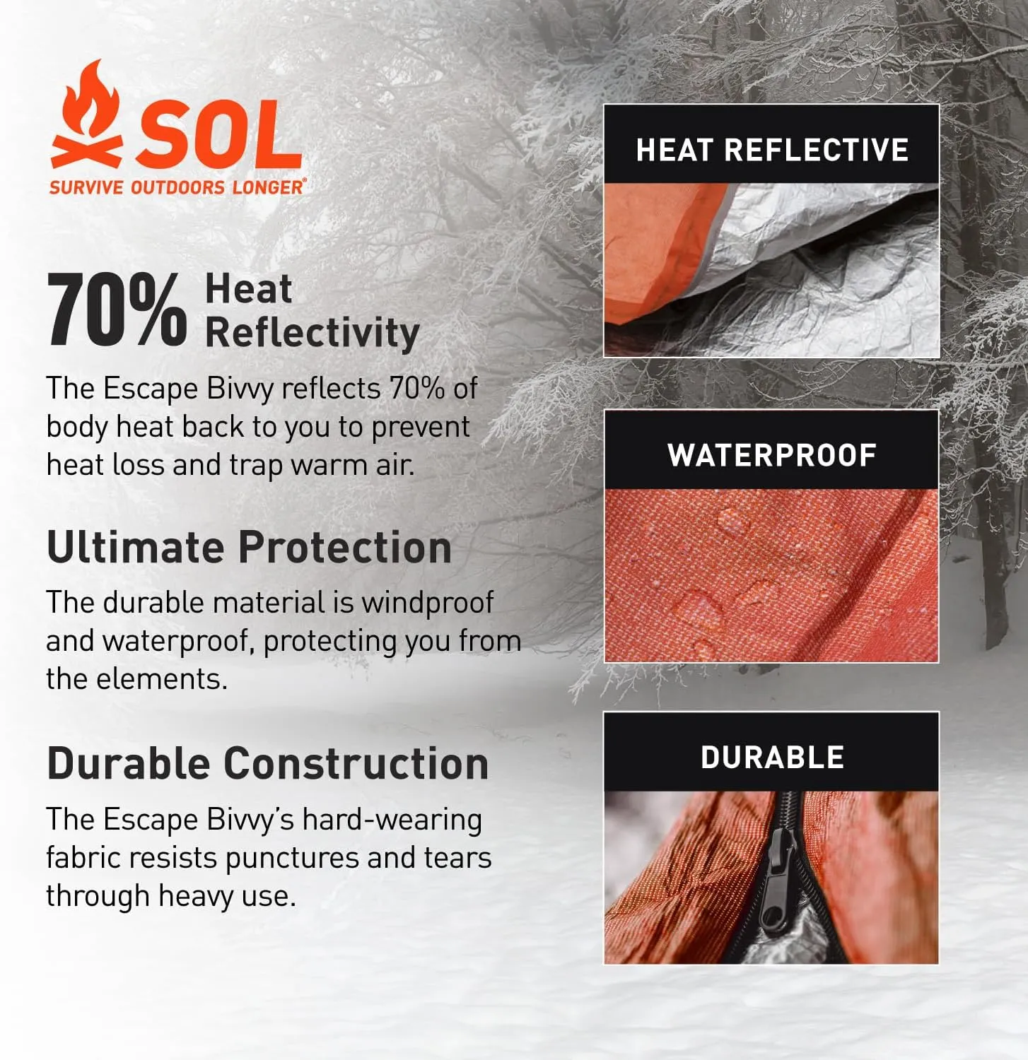 SOL Escape Bivvy with Hood - Emergency Preparedness Blanket - Reflects Up to 70% Body Heat - Outdoor Survival Bivvy - Water Resistant - Durable & Breathable - Winter Camping Supplies - Orange