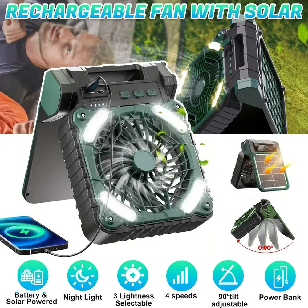 Solar Rechargeable Camping Fan with Light 9 Inch