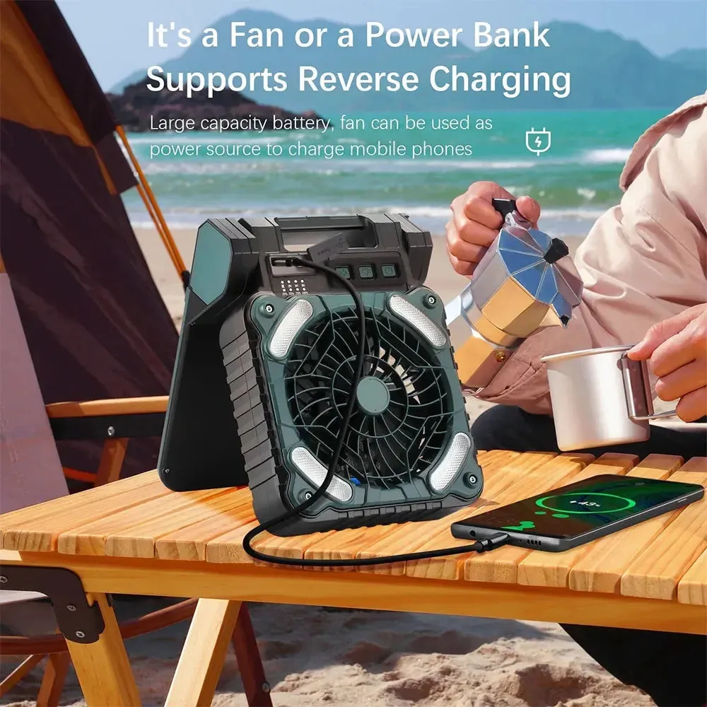 Solar Rechargeable Camping Fan with Light 9 Inch