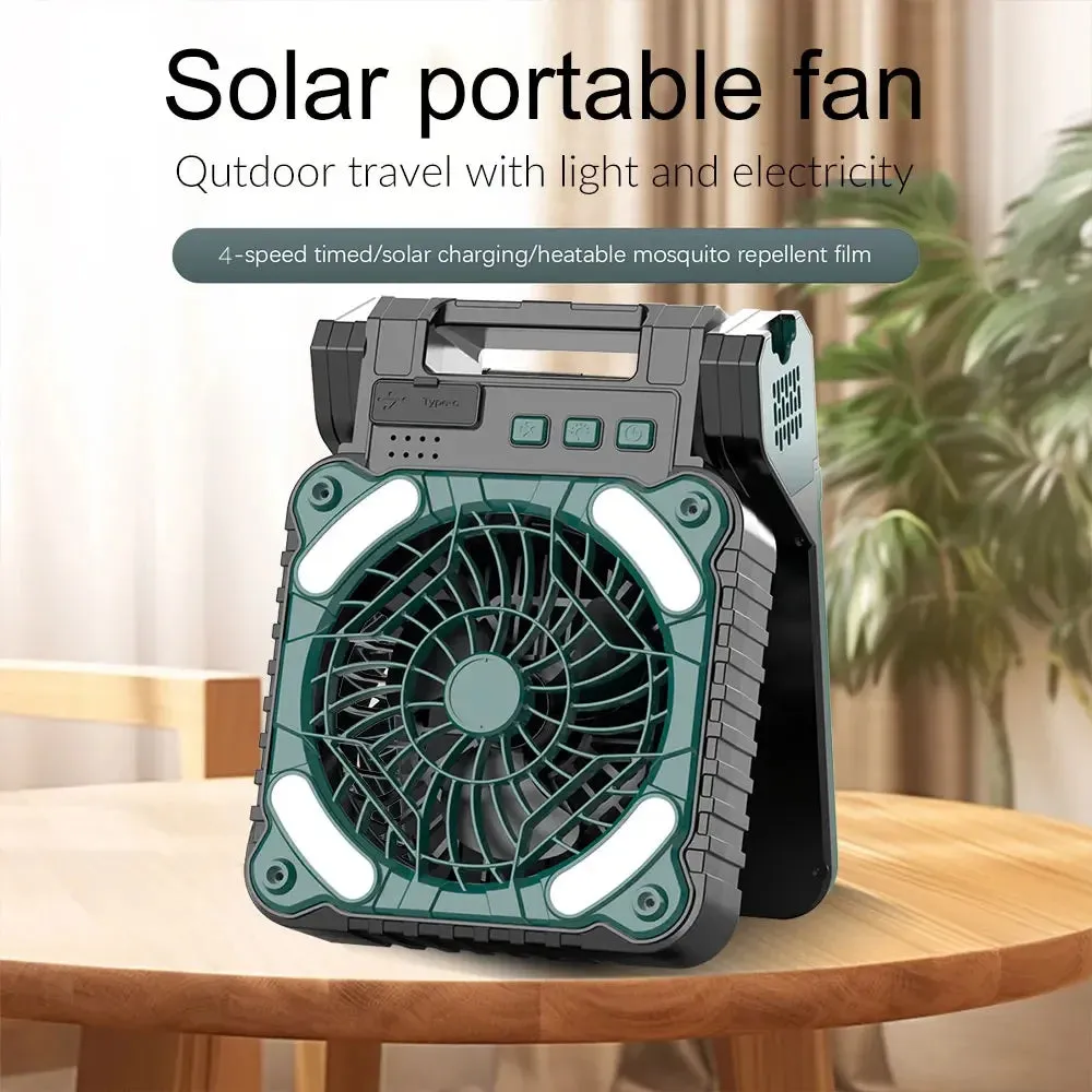 Solar Rechargeable Camping Fan with Light 9 Inch